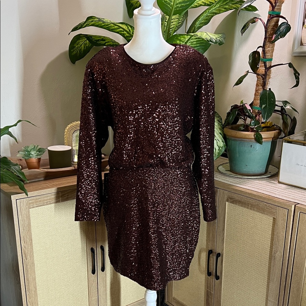Express Sequin Long Sleeve Dress in Deep Brown